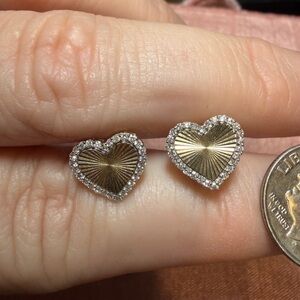 Gold Heart engine turned earrings 10k with natural diamonds 💍